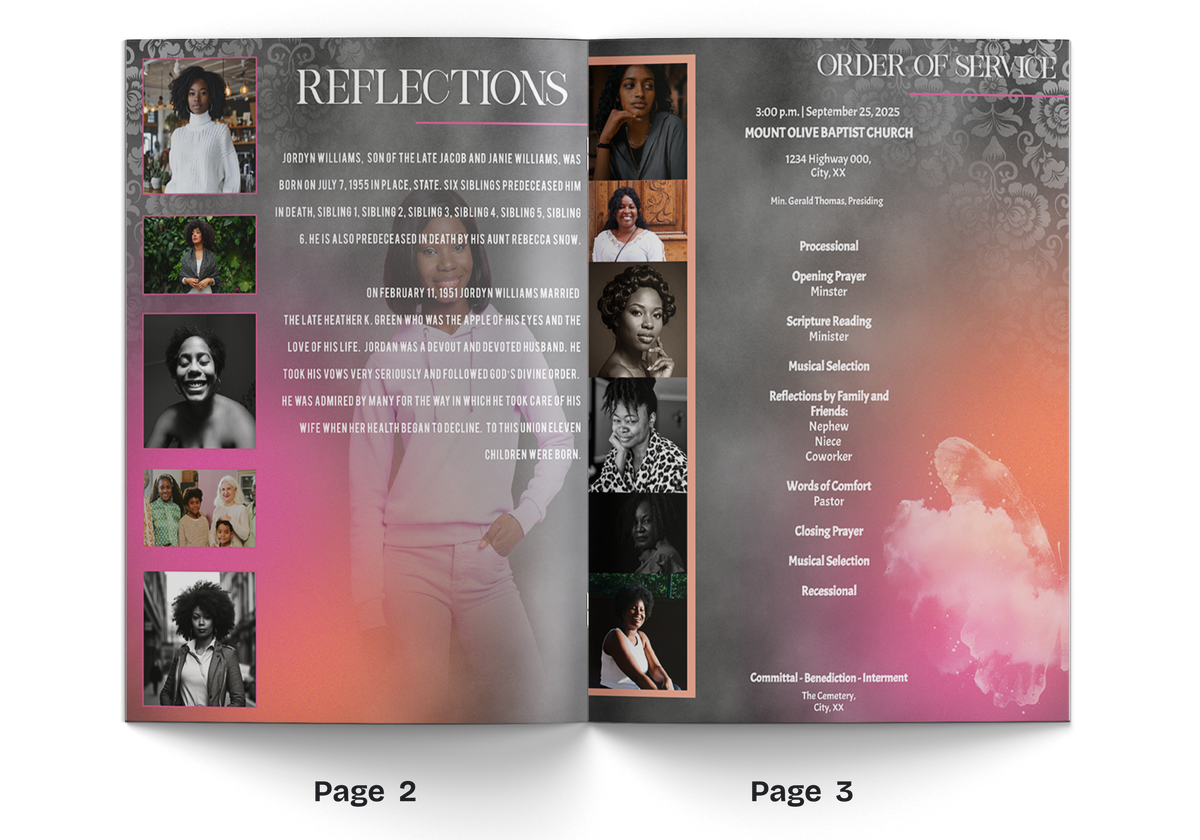 Event booklet interior pages with multiple portrait photos, pink-coral butterfly theme, text blocks