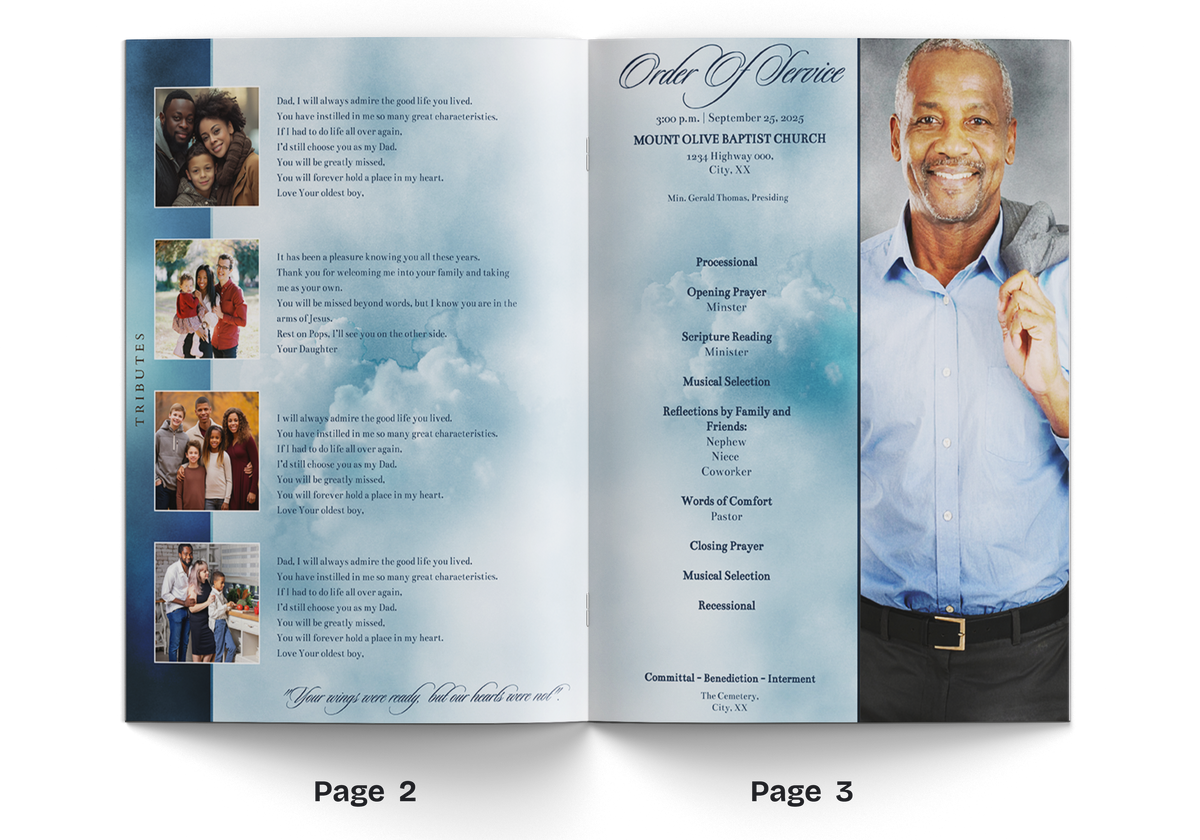 Memorial program page spread with portrait on right and small photo grid left.