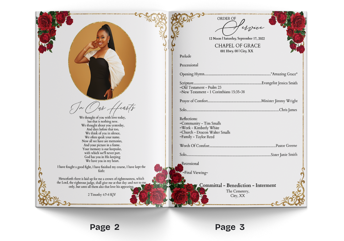 Invitation booklet page with portrait card, red rose border, and printed order details