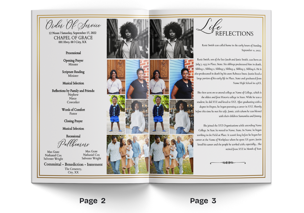 4-page memorial brochure spread with Life Reflections heading and multiple small photos