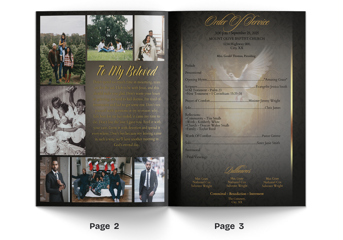 Open memorial program spread with photo collage on left and gold text page on right