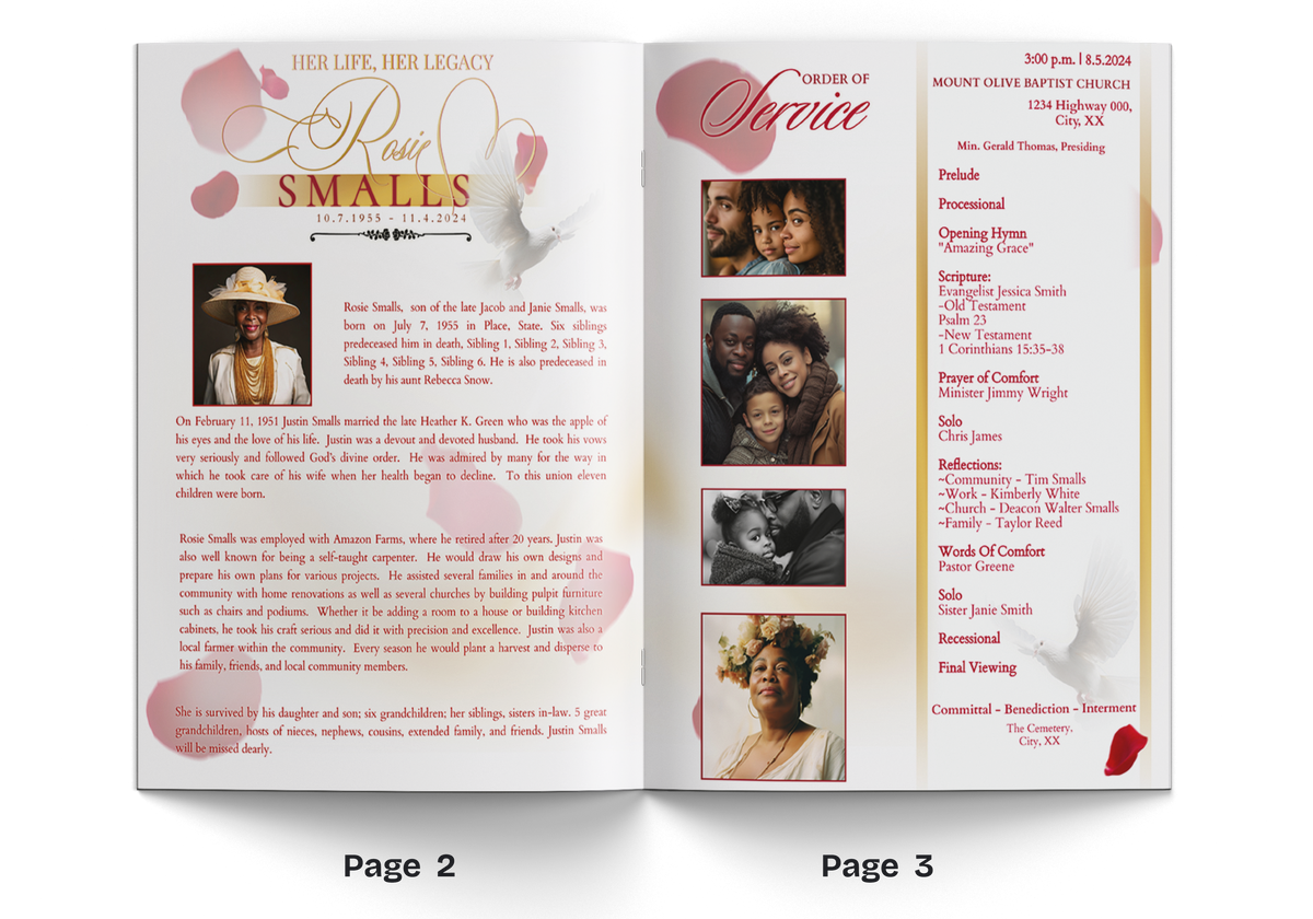 Open funeral program booklet pages with Her Life headings and several small photos.