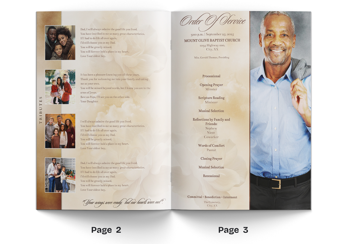 Eight-page memorial booklet open with portrait and obituary text columns