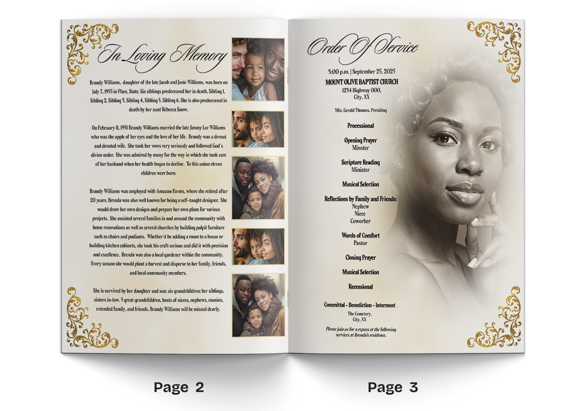 Memorial booklet inside page with text columns, portrait photo, gold ornamental corner details