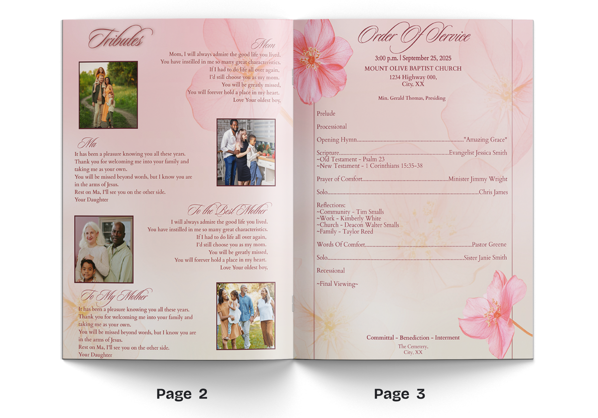 Open memorial booklet pages with pink floral layout and multiple small portrait photos