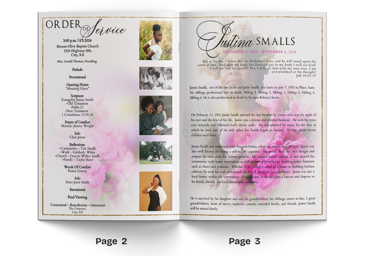 Open memorial brochure showing pages 2–3 with order of service and portrait
