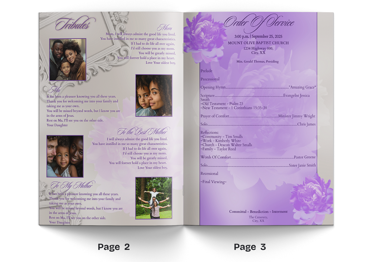 Open memorial booklet pages with purple peonies and collage-style photo boxes