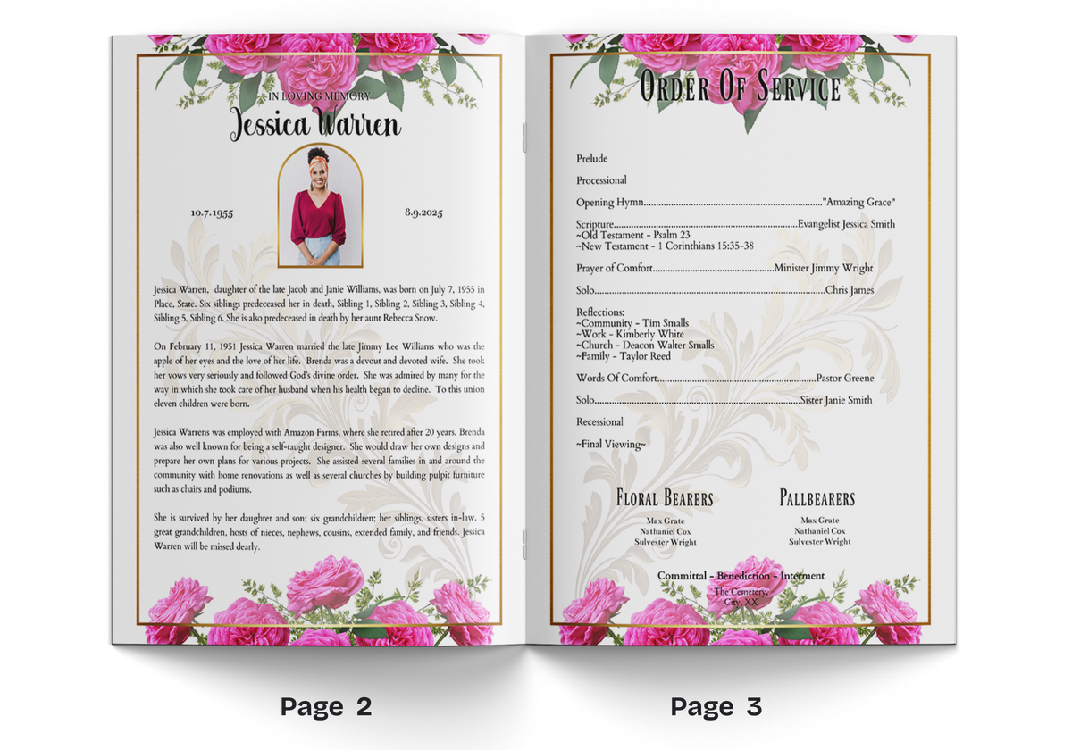 Open 4-page funeral program showing pages 2 and 3 with pink rose borders