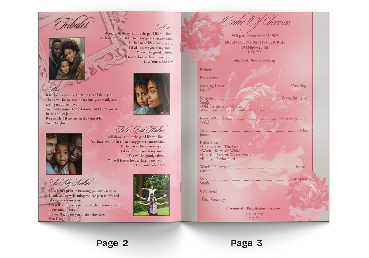 Open memorial invitation booklet showing two inside pages with pink floral accents