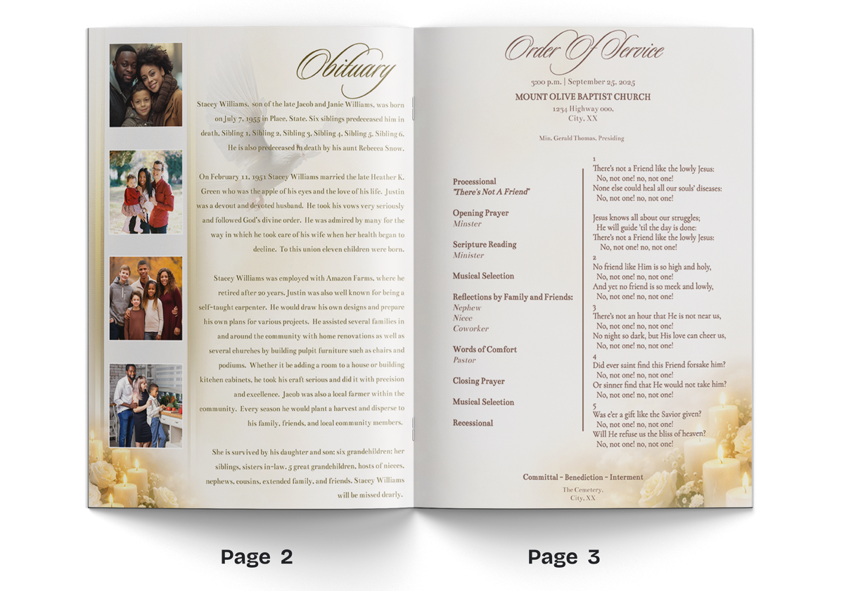 Memorial booklet inside spread with two pages of text, headings, and decorative florals