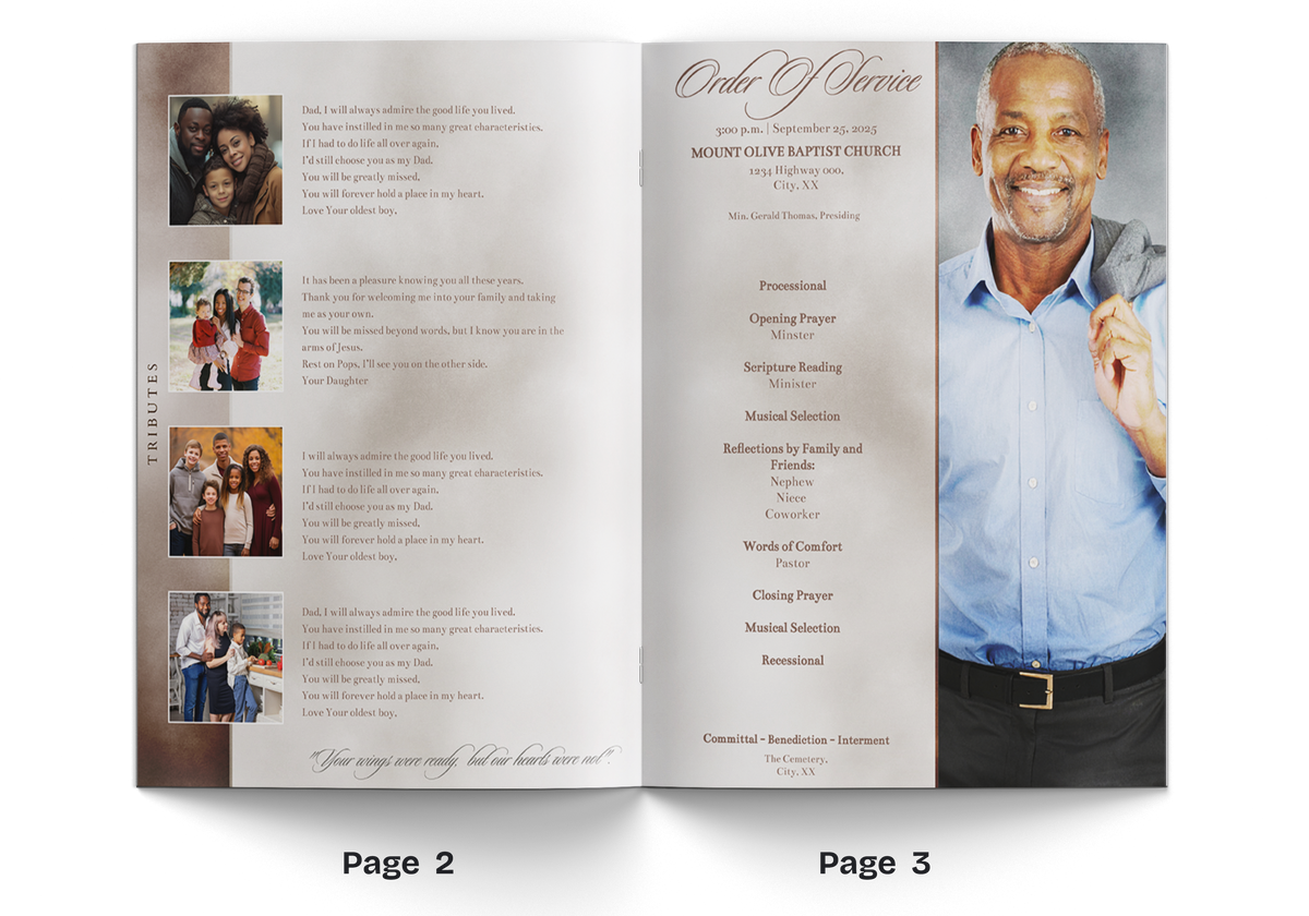 8-page portrait photo booklet open pages with formal man portrait on right