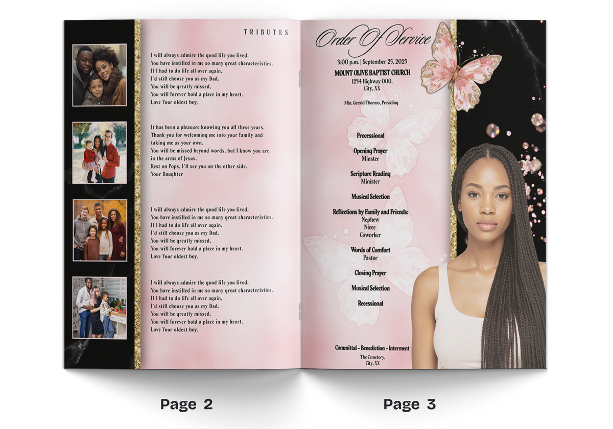 Open booklet page layout with text, pink butterfly accents, and portrait on right