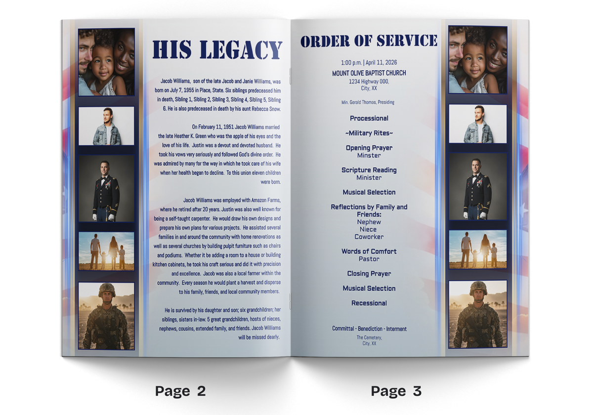Memorial program booklet open to pages with military biography and service order