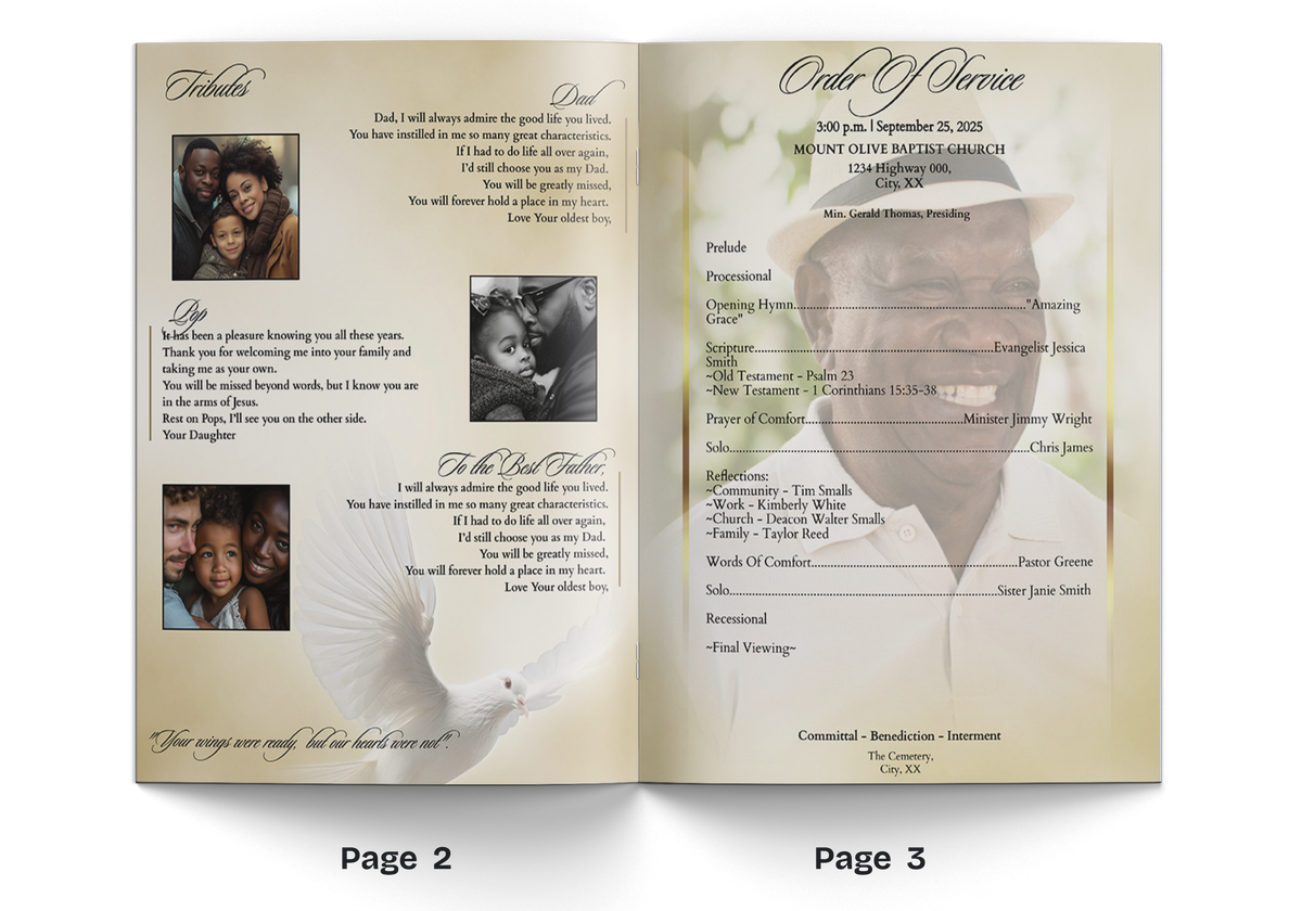 Open memorial booklet pages with paragraphs, headings, and small family photos