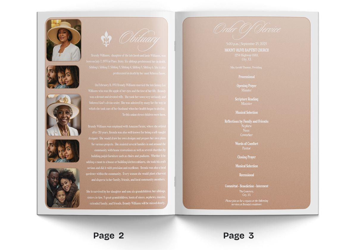 Open 4-page nude beige booklet pages with photo collage and service text list