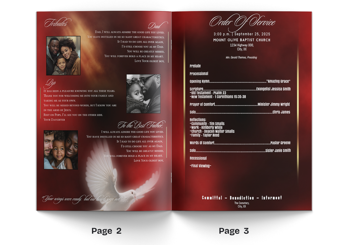 Open memorial booklet spread with multiple text sections and small family photo thumbnails