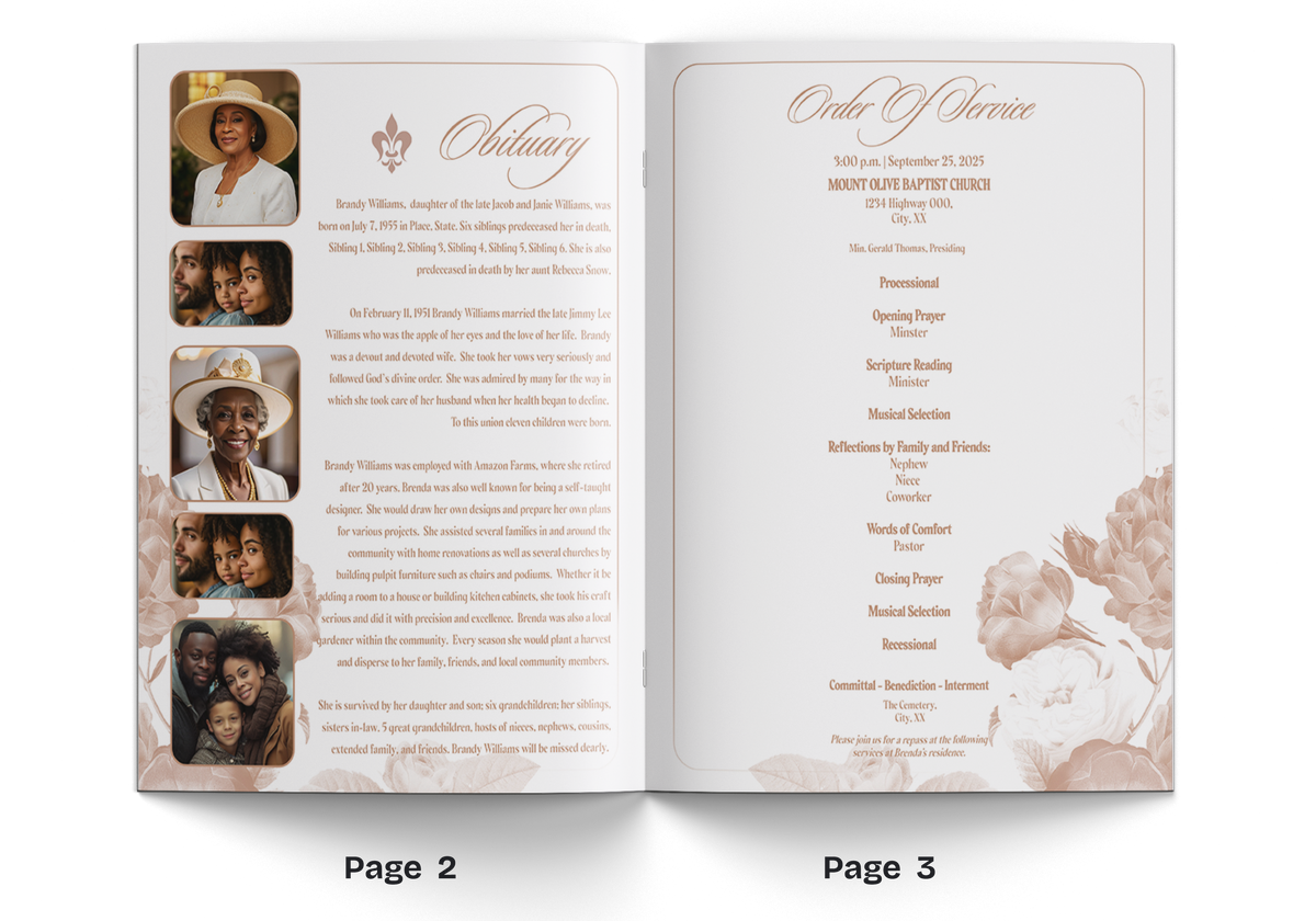 Floral memorial booklet inside pages: photo collage left, order of service list right.