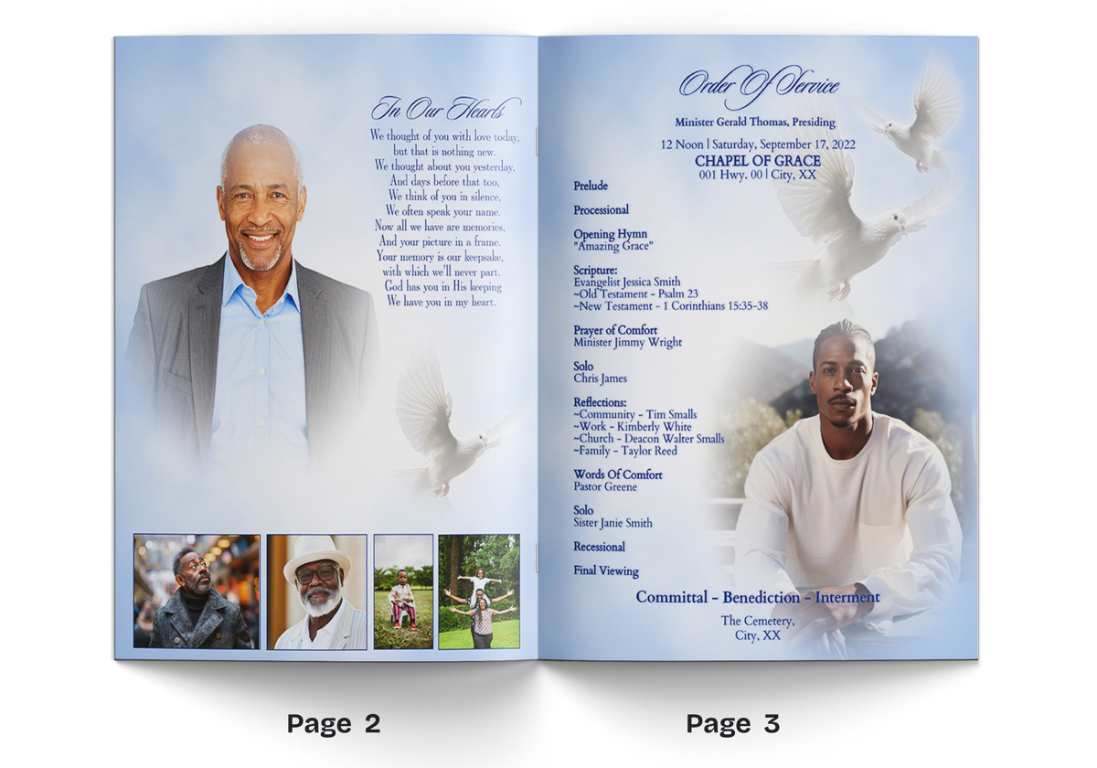 Blue 8-page memorial brochure, open pages with portraits, headings, and photo cards