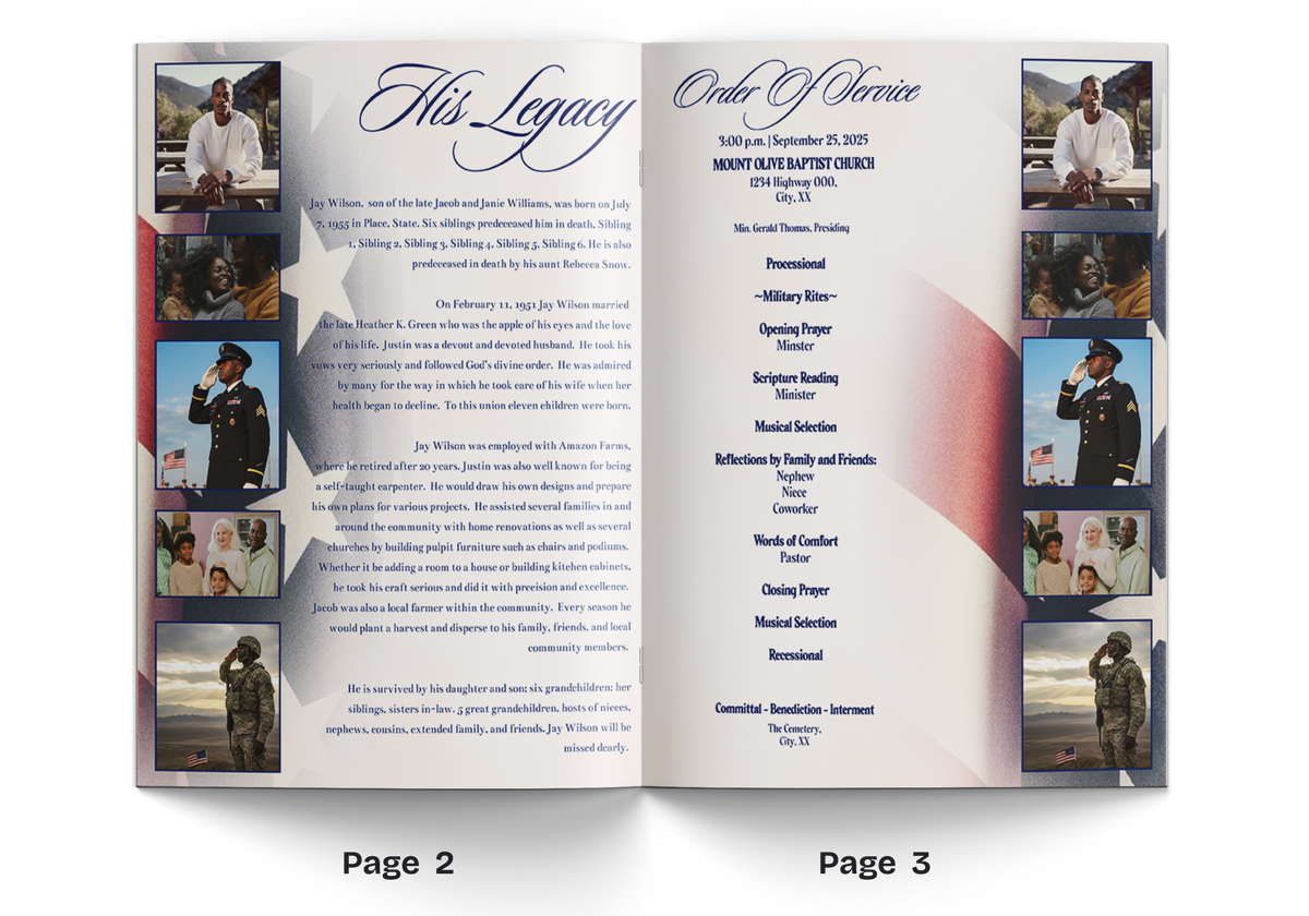 Open 4-page tribute booklet showing pages 2 and 3 with text and small photos