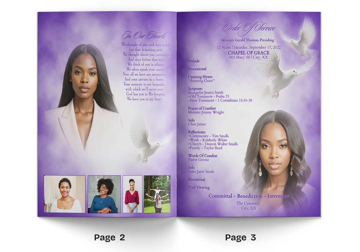 Purple 8-page event program, open spread with portrait and text columns plus small photos