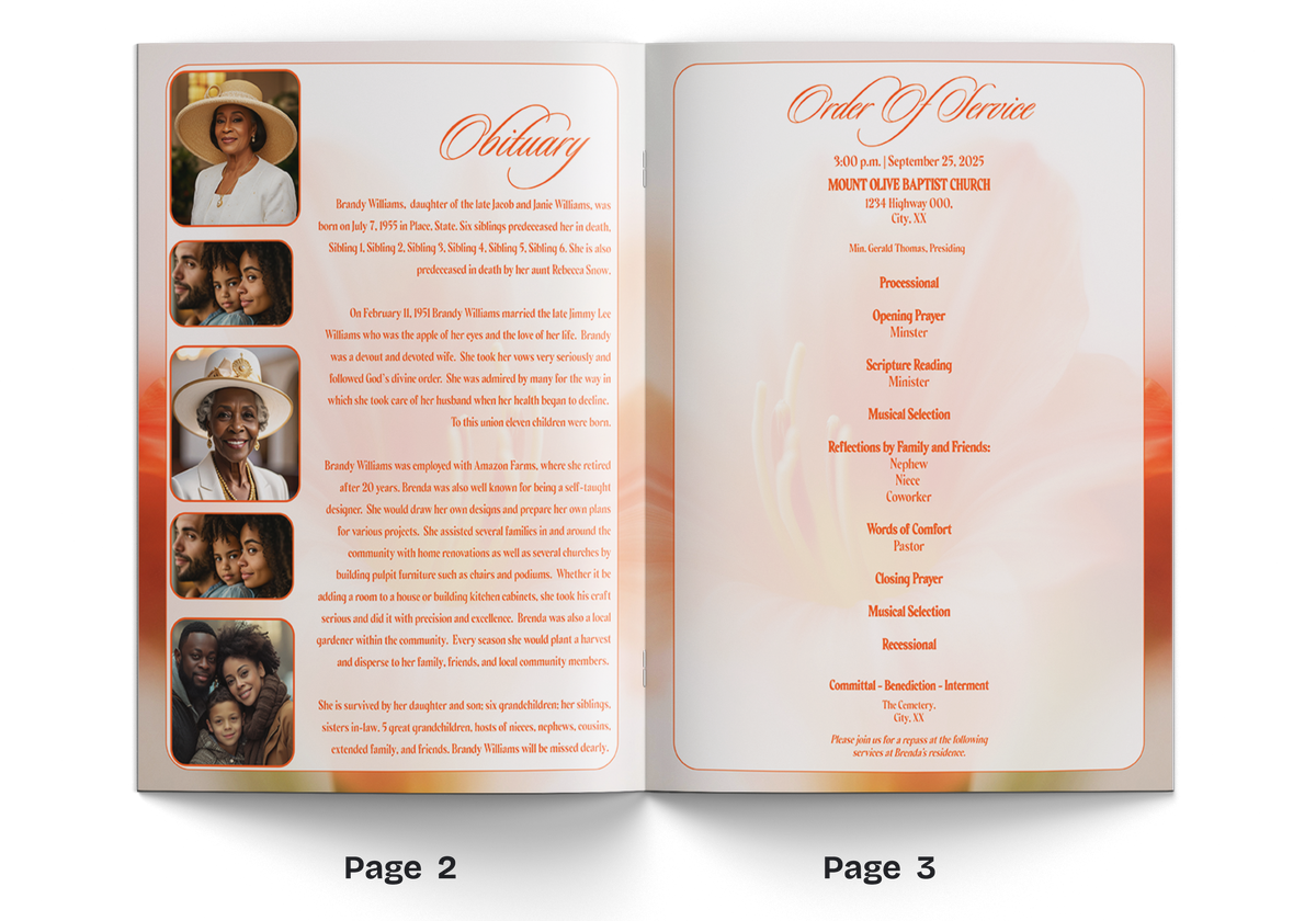 Orange flower 4-page memorial booklet open with photo thumbnails and service details