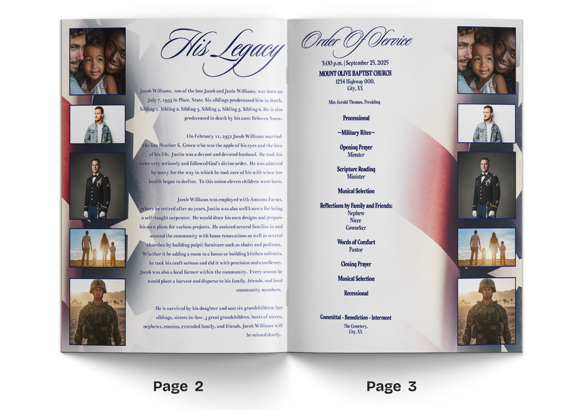 Military memorial booklet pages with multiple photos, patriotic flag, and biography text
