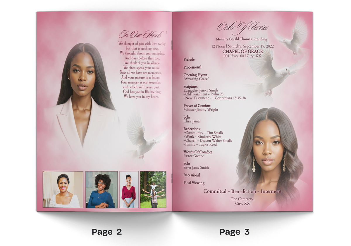 Pink floral memorial booklet open with woman portrait, dove graphic, and event details