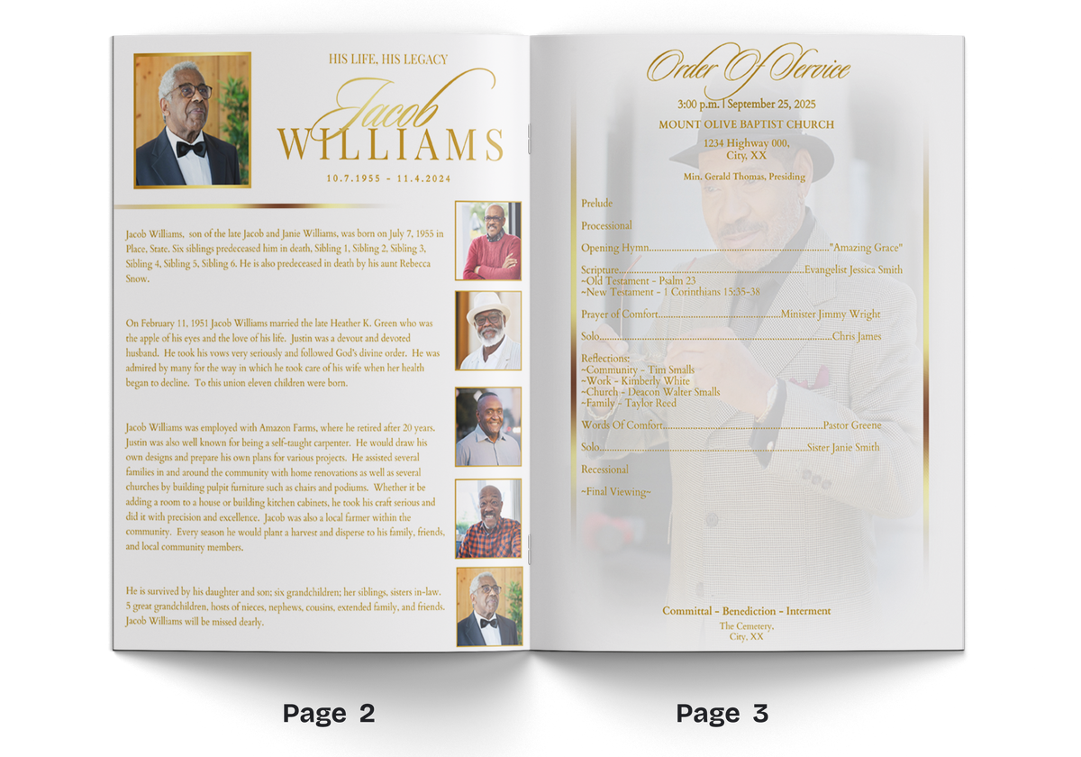 Open black and gold 4-page memorial booklet with gold script headings and portrait photos