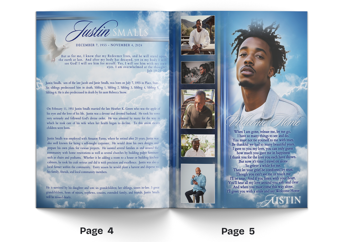 Inside spread of an 8-page funeral program with biography text and welcome home section