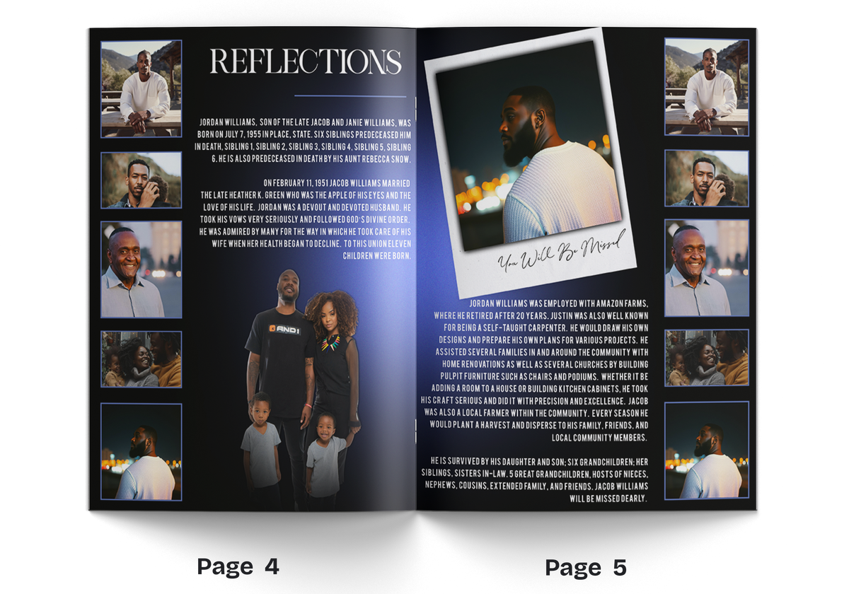 Printed booklet pages 4–5 open spread with group photo and reflections layout