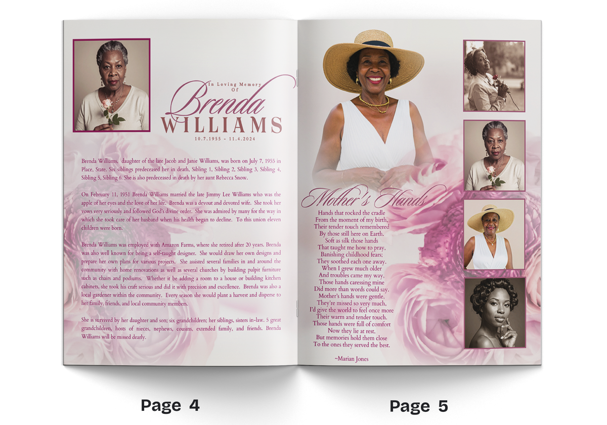 Open funeral program booklet spread with woman portrait, serif name, and photo boxes