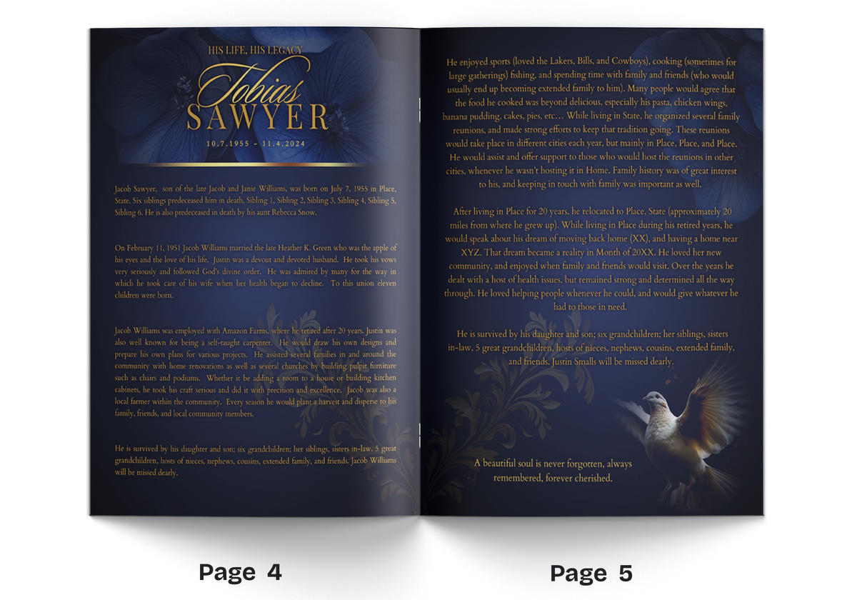 Open 8-page funeral program with pages 4 and 5, biography text and dove illustration.