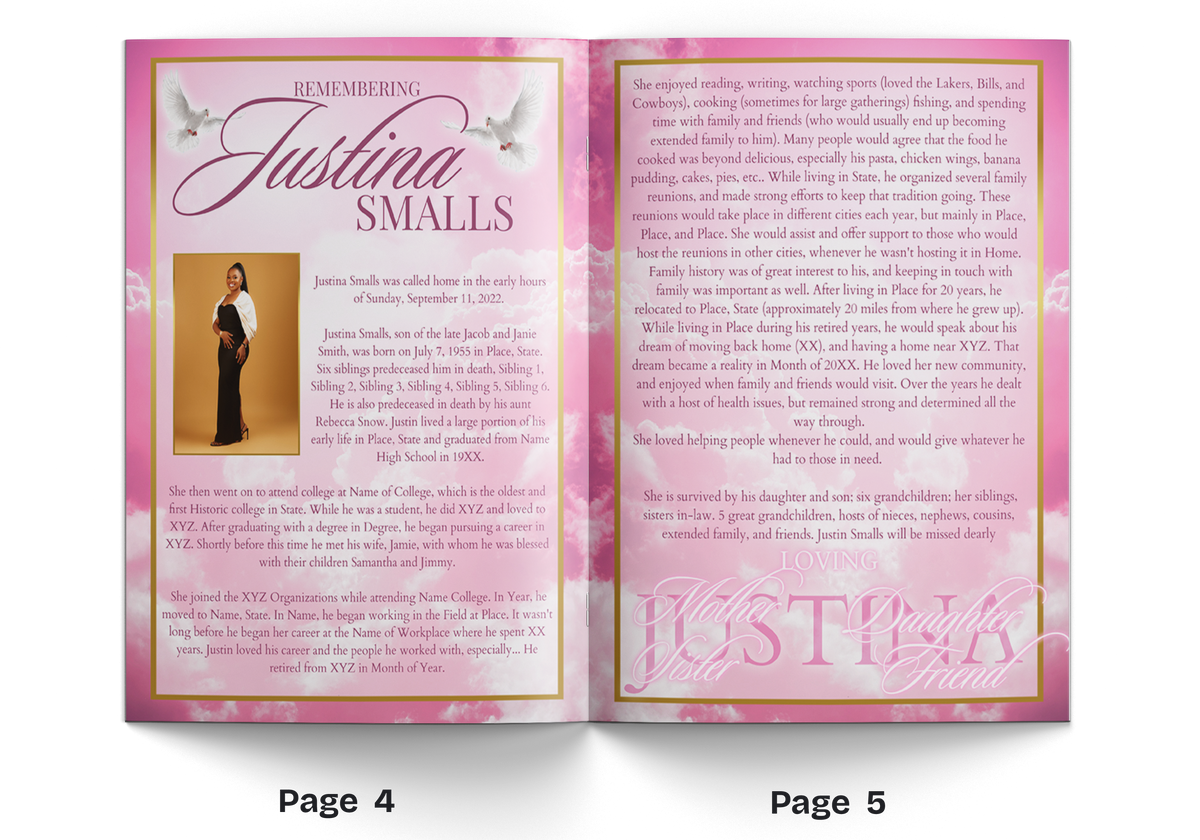 Pink booklet open on pages 4 and 5 with small full-body portrait and blocks of text