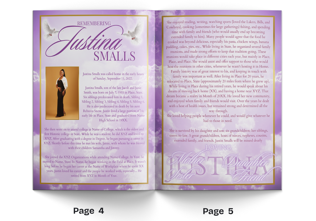 8-page memorial booklet, open spread with purple sky text and portrait collage, two pages