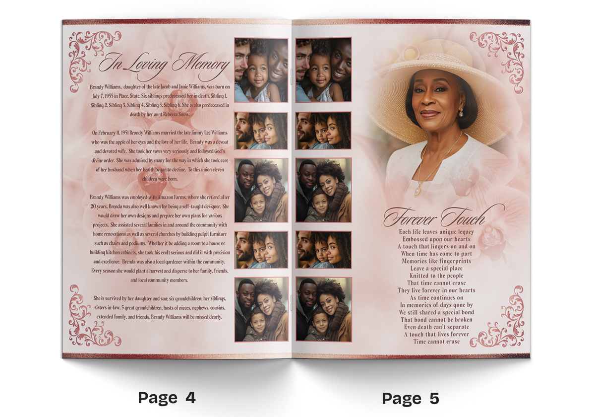 Open memorial booklet page set with floral rose-gold border and multiple portrait photo grid