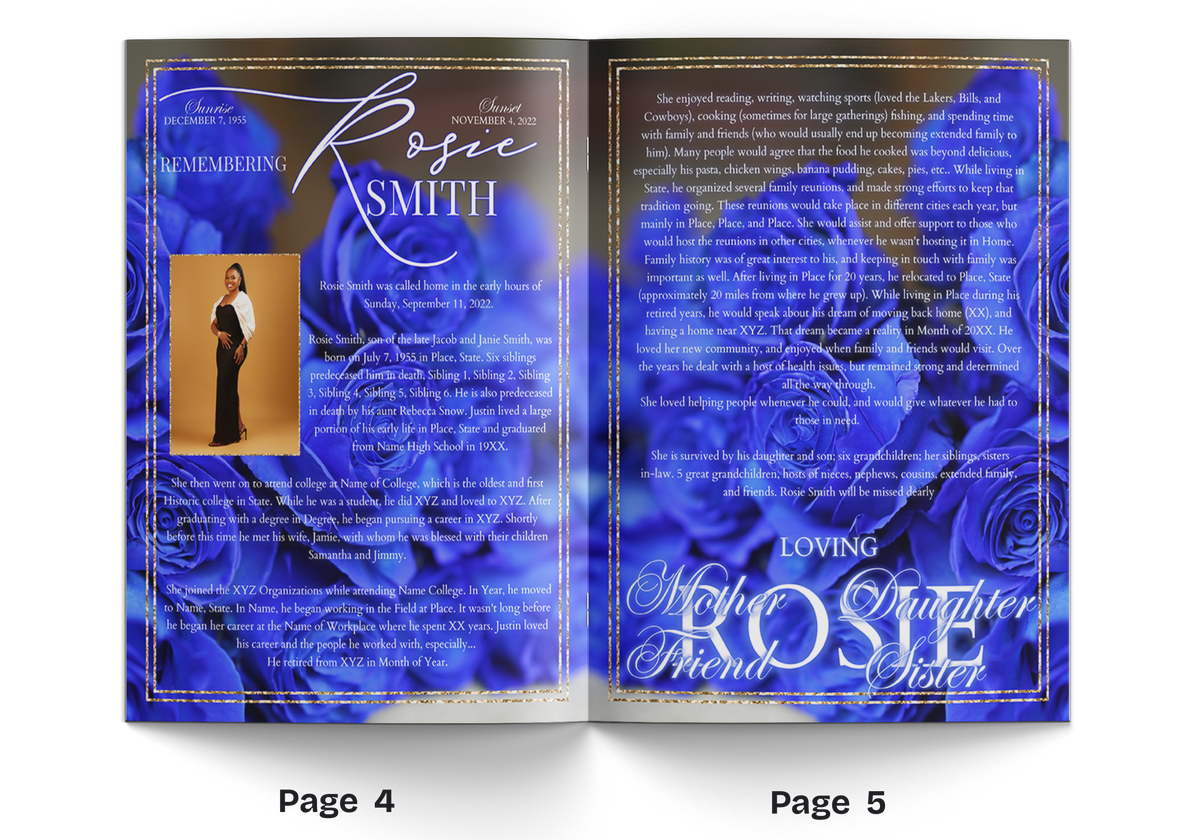Memorial booklet pages 4–5 with blue roses, script header, and loving daughter section