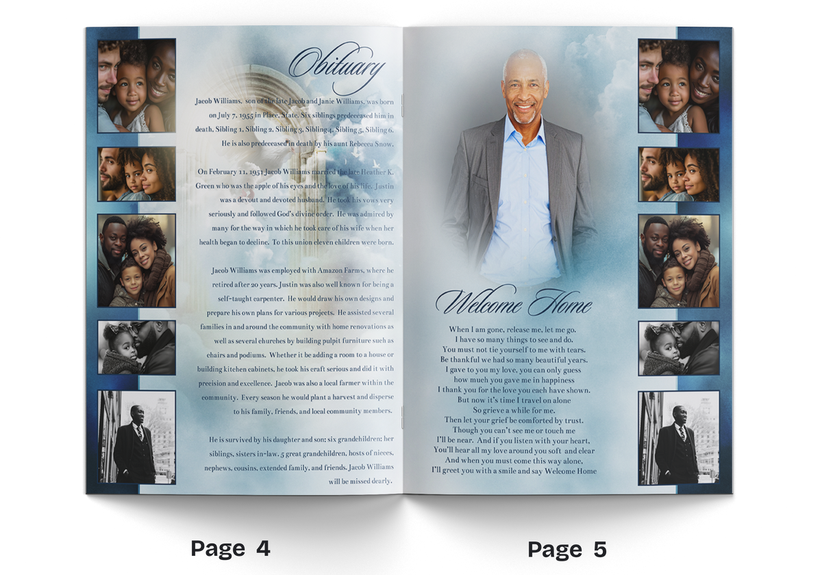 Memorial program open spread with obituary text, portrait in suit, and headshot collage.