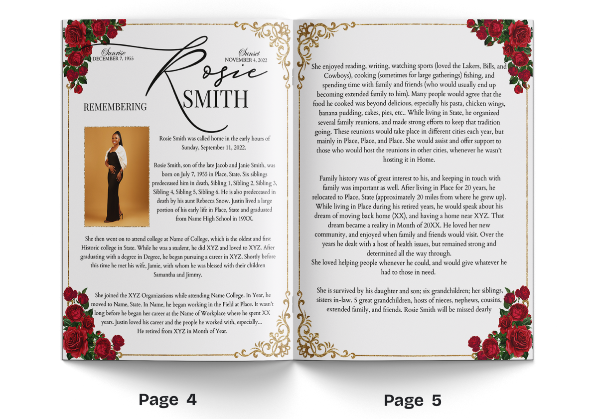 Invitation booklet page with portrait, rose border, and biographical text blocks