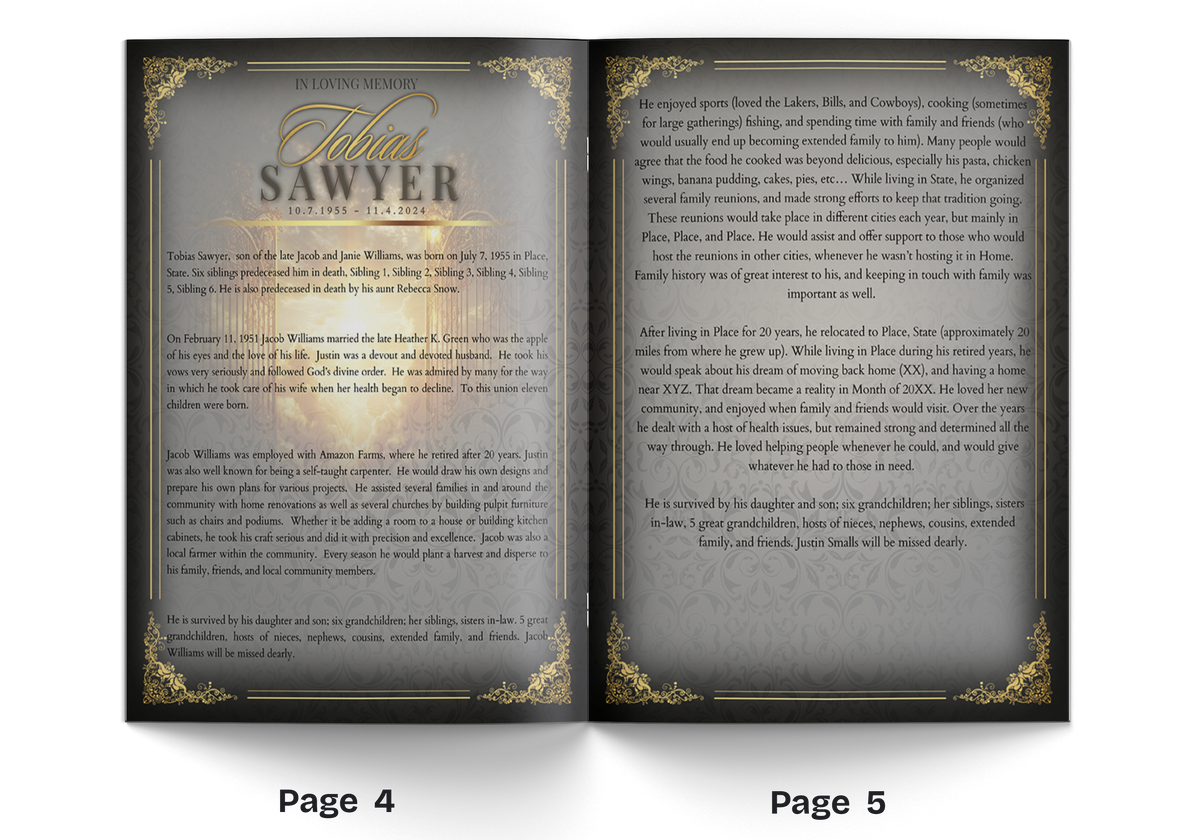 Open memorial program spread with gold-bordered text pages for Page 4 and Page 5
