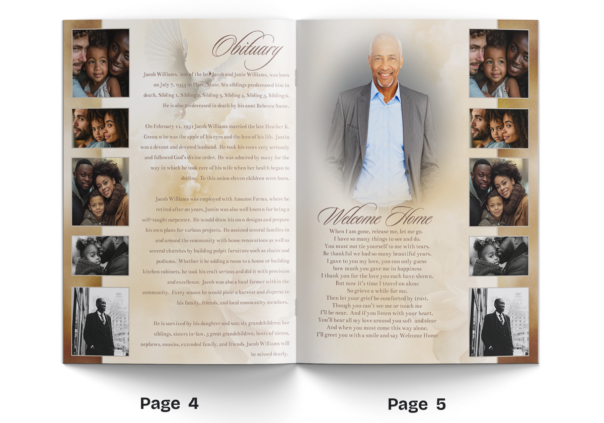 Eight-page memorial booklet open showing Obituary and Welcome Home panels