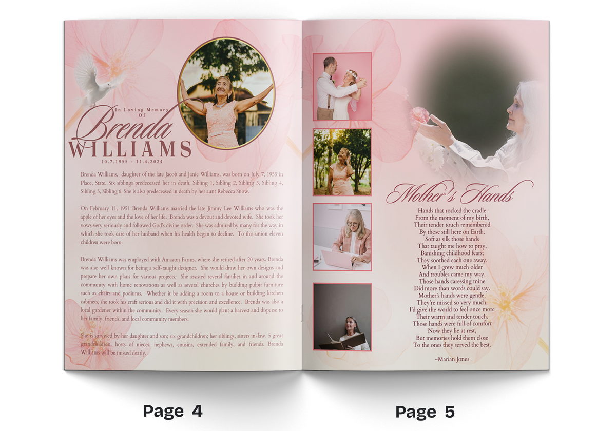 Open memorial booklet with floral background and portrait photo panels on both pages