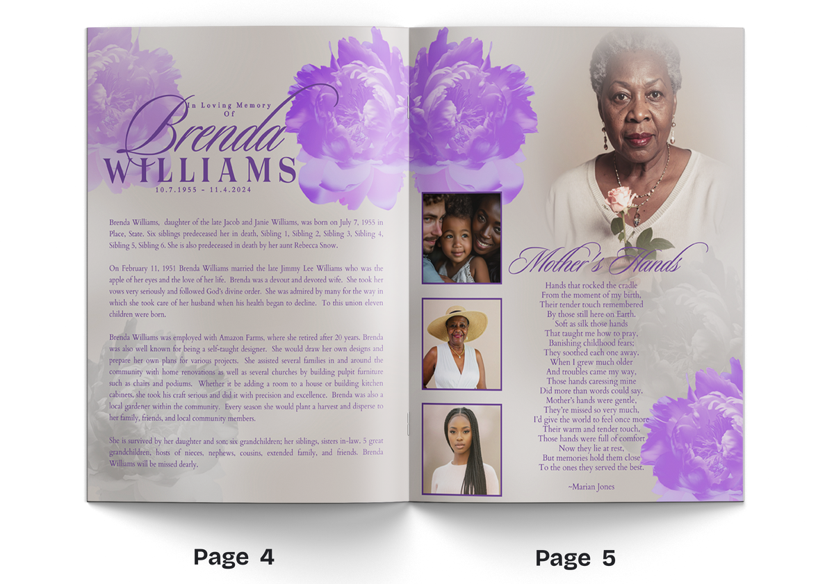 Open memorial booklet pages with purple peony background and portrait with name text