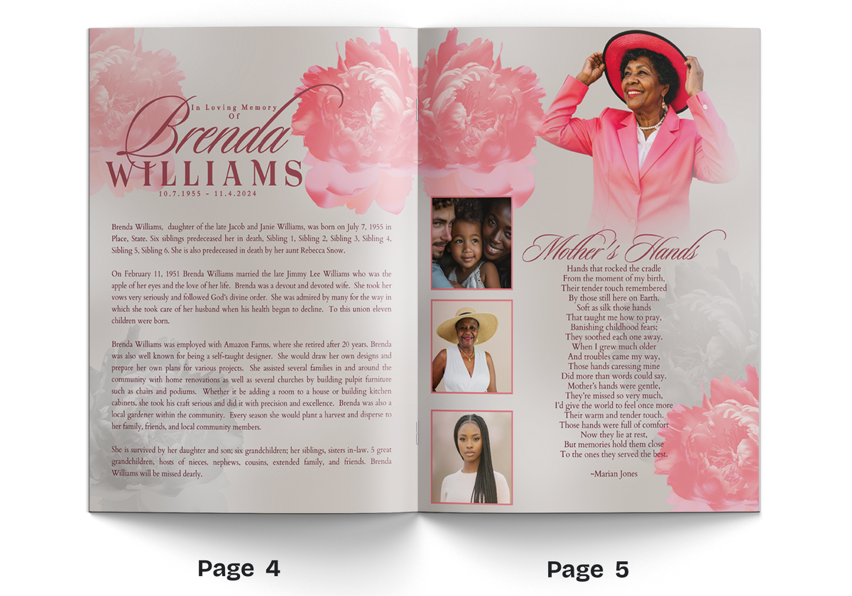 Open memorial invitation booklet with pink peony background, portrait panel and family photos