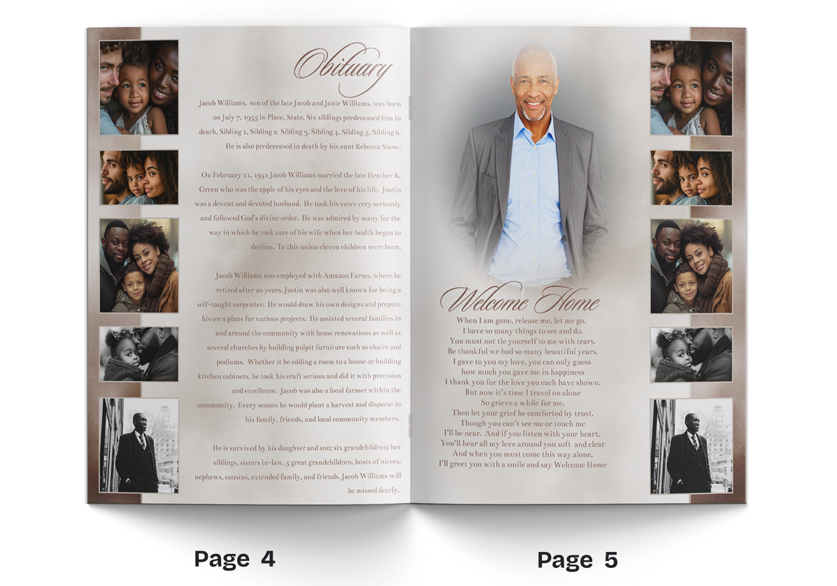 8-page portrait photo booklet open spread with welcome home portrait