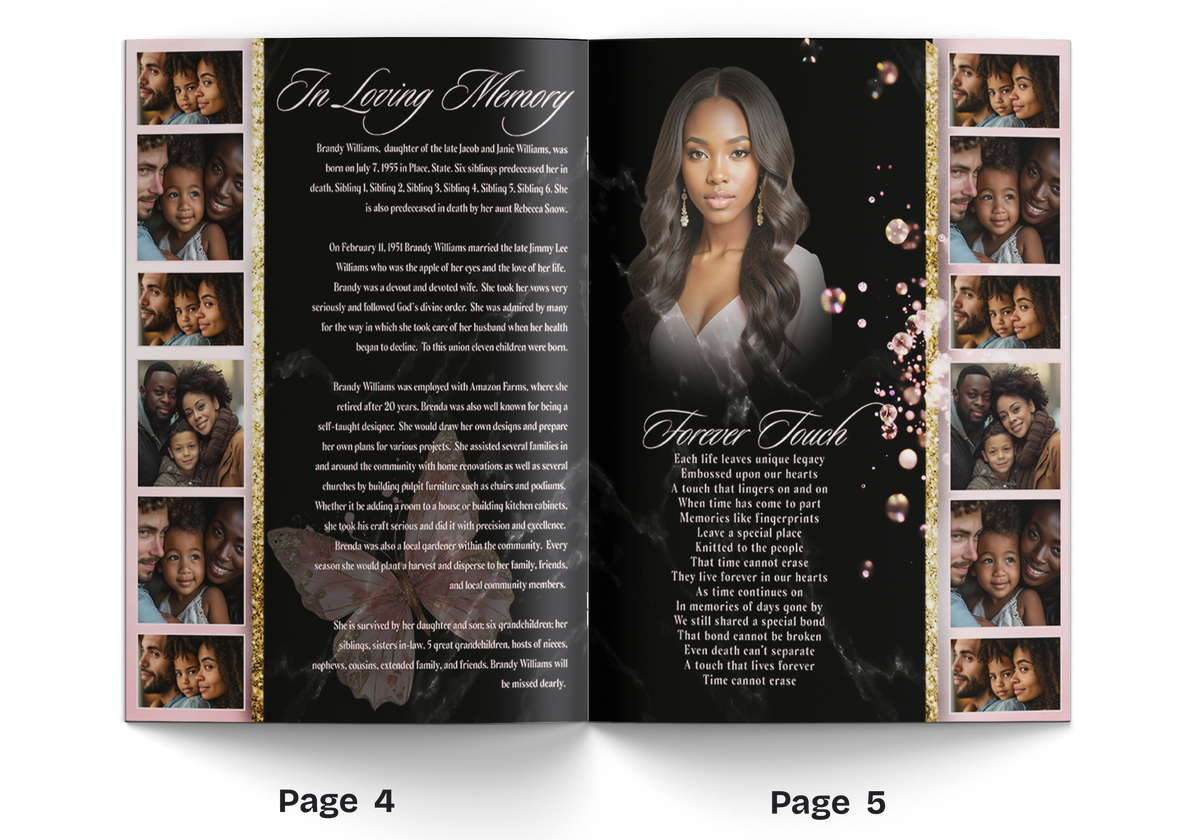 Open booklet pages with text columns, black and pink butterfly design, portrait center