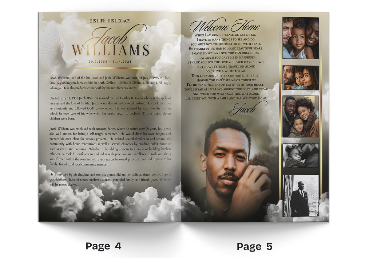 Open memorial booklet spread with Jacob Williams portrait and Welcome Home photo panels