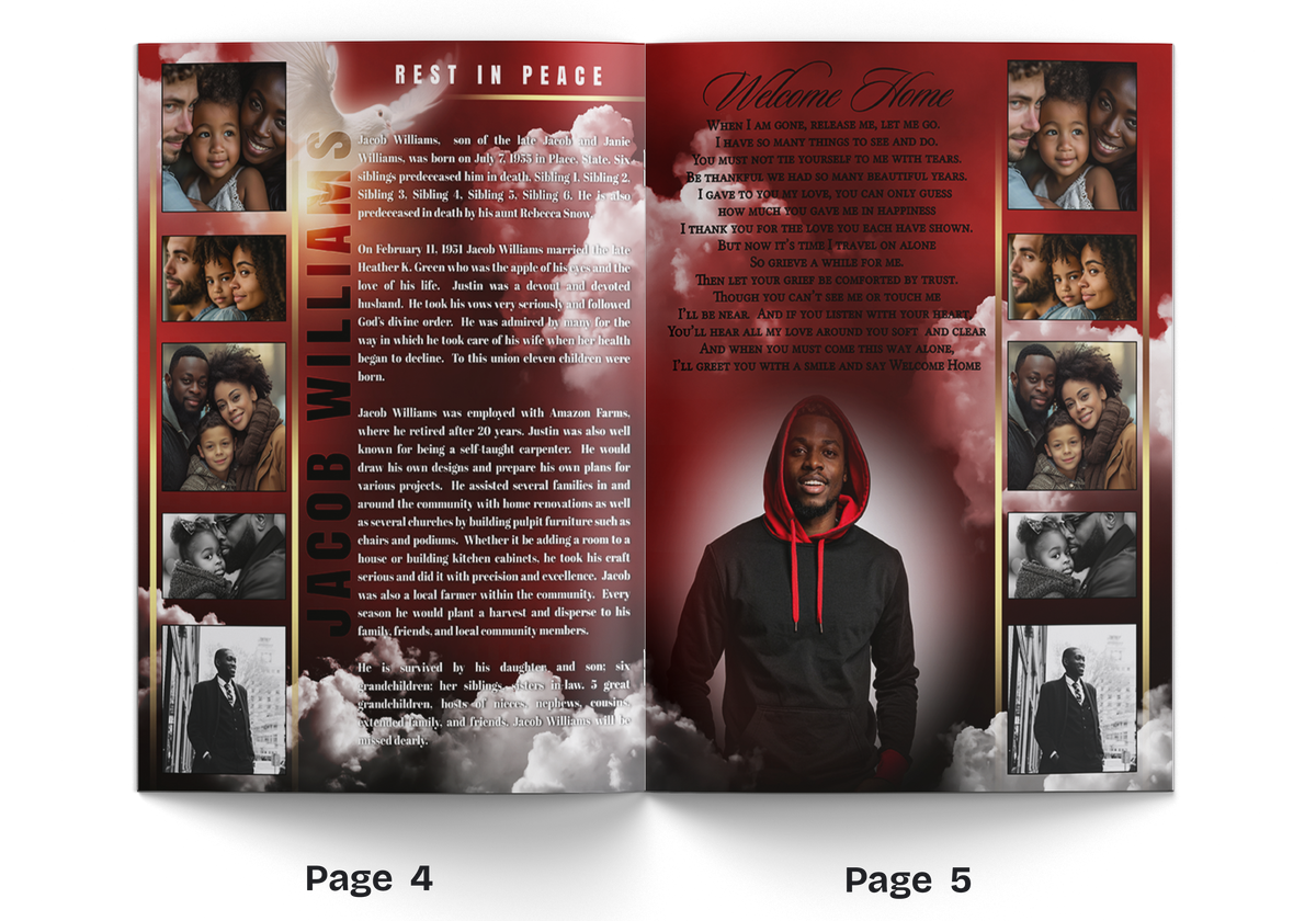 Open memorial booklet spread with central portrait, red layout, and photo collage side columns