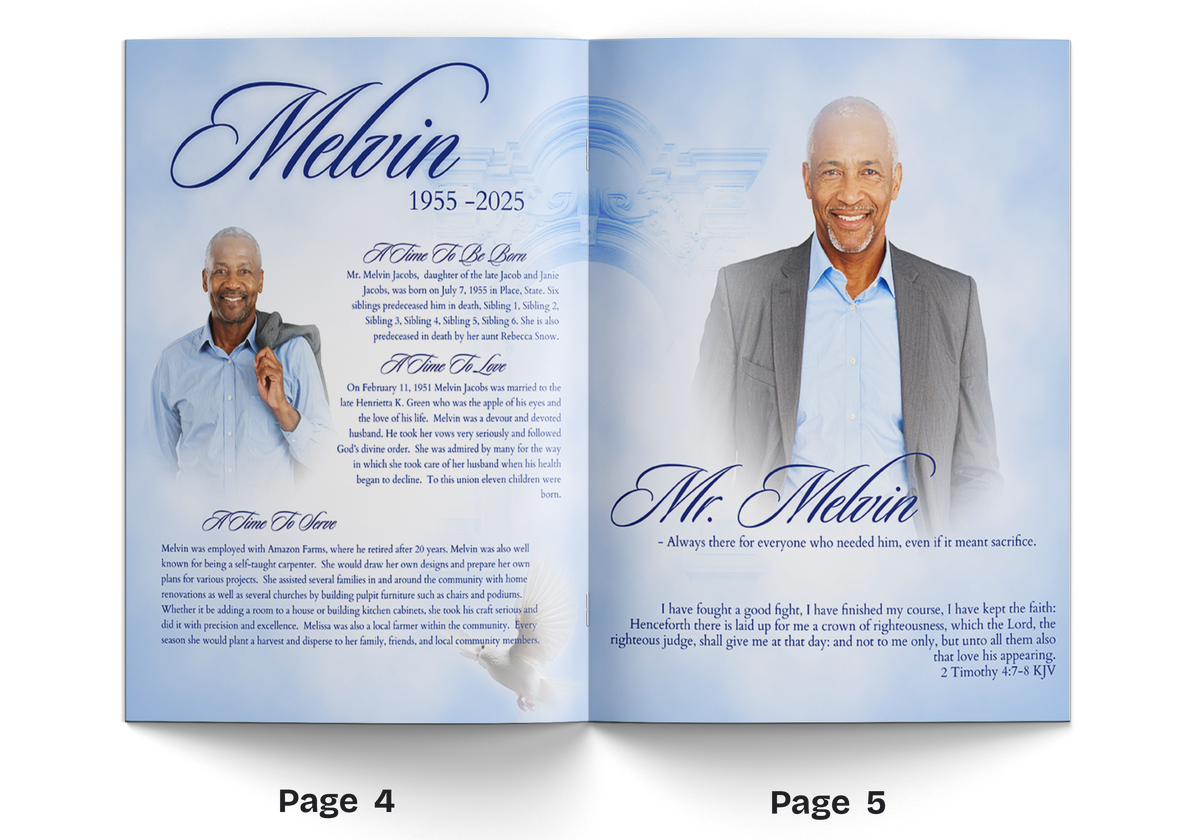Blue 8-page memorial brochure, open pages with Mr. Melvin Jacobs text and portrait