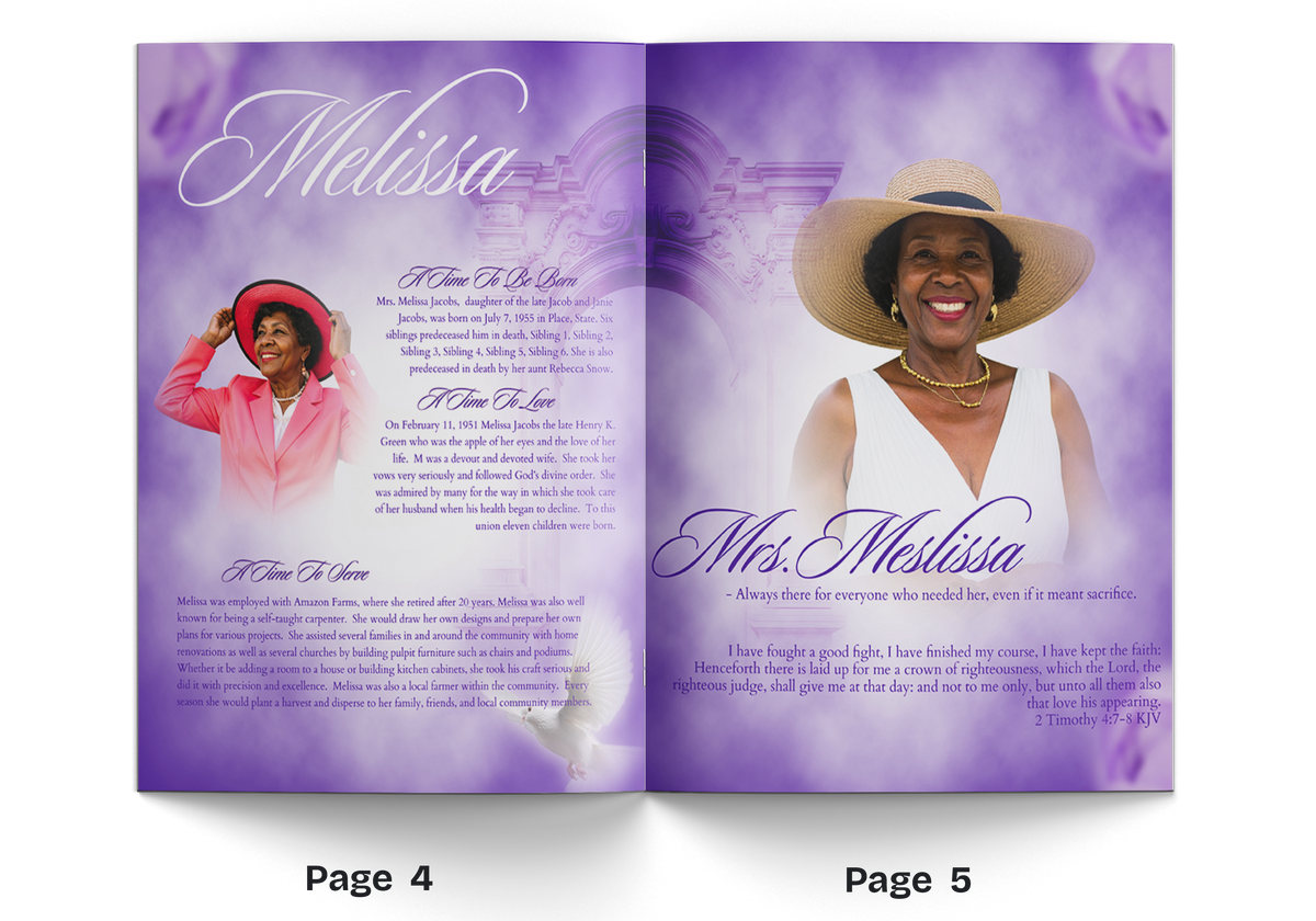 Purple 8-page event program, open spread with two portraits, one woman wearing a hat