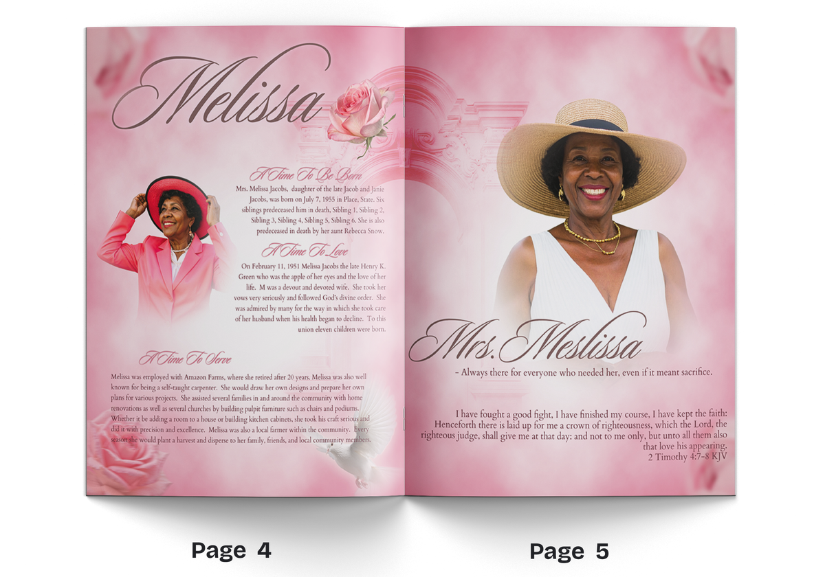 Pink floral memorial booklet open with two women portraits, one in wide-brim hat